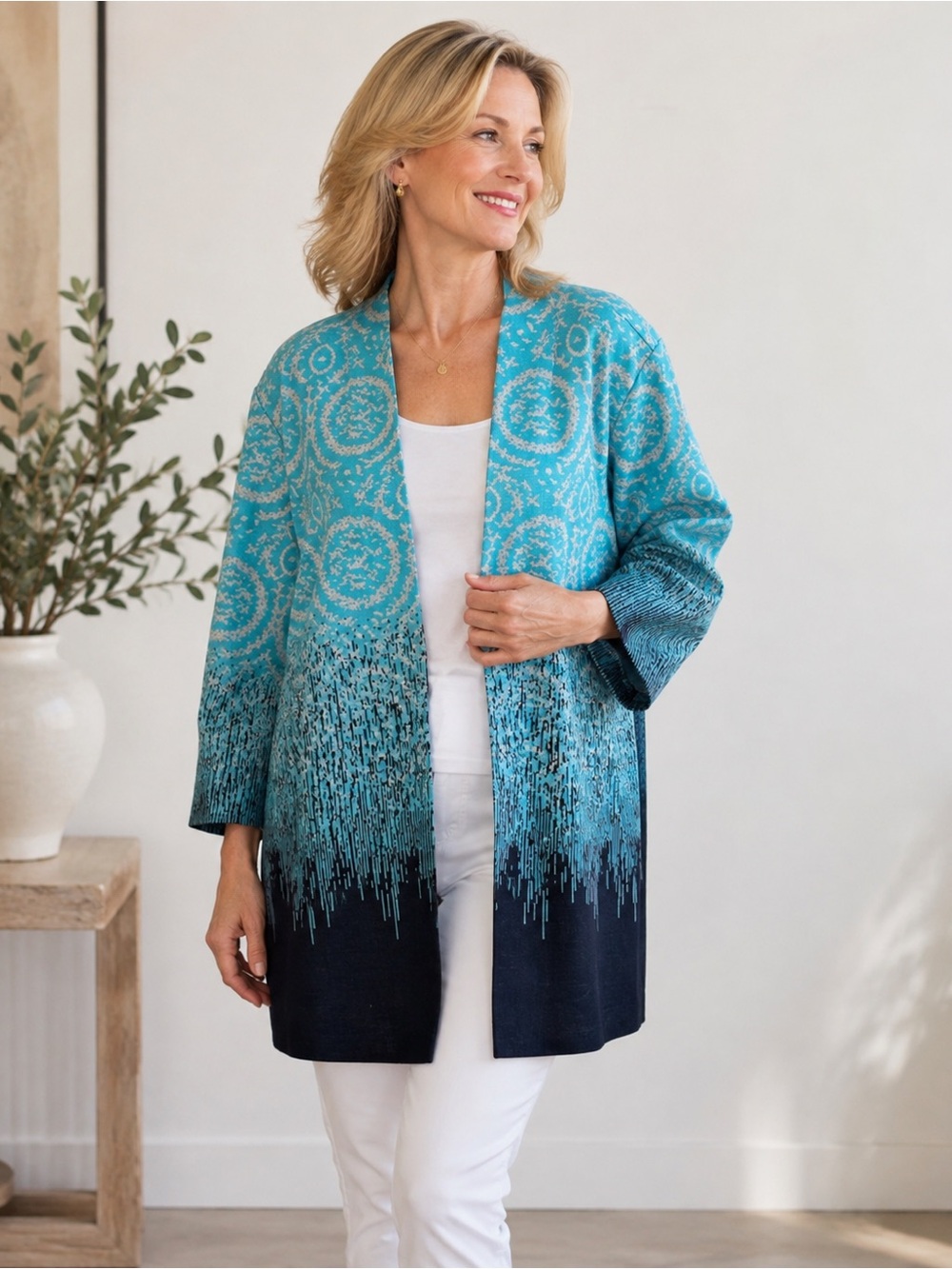 Misook 3X Turquoise Navy Geometric Long Open Front Cardigan Jacket